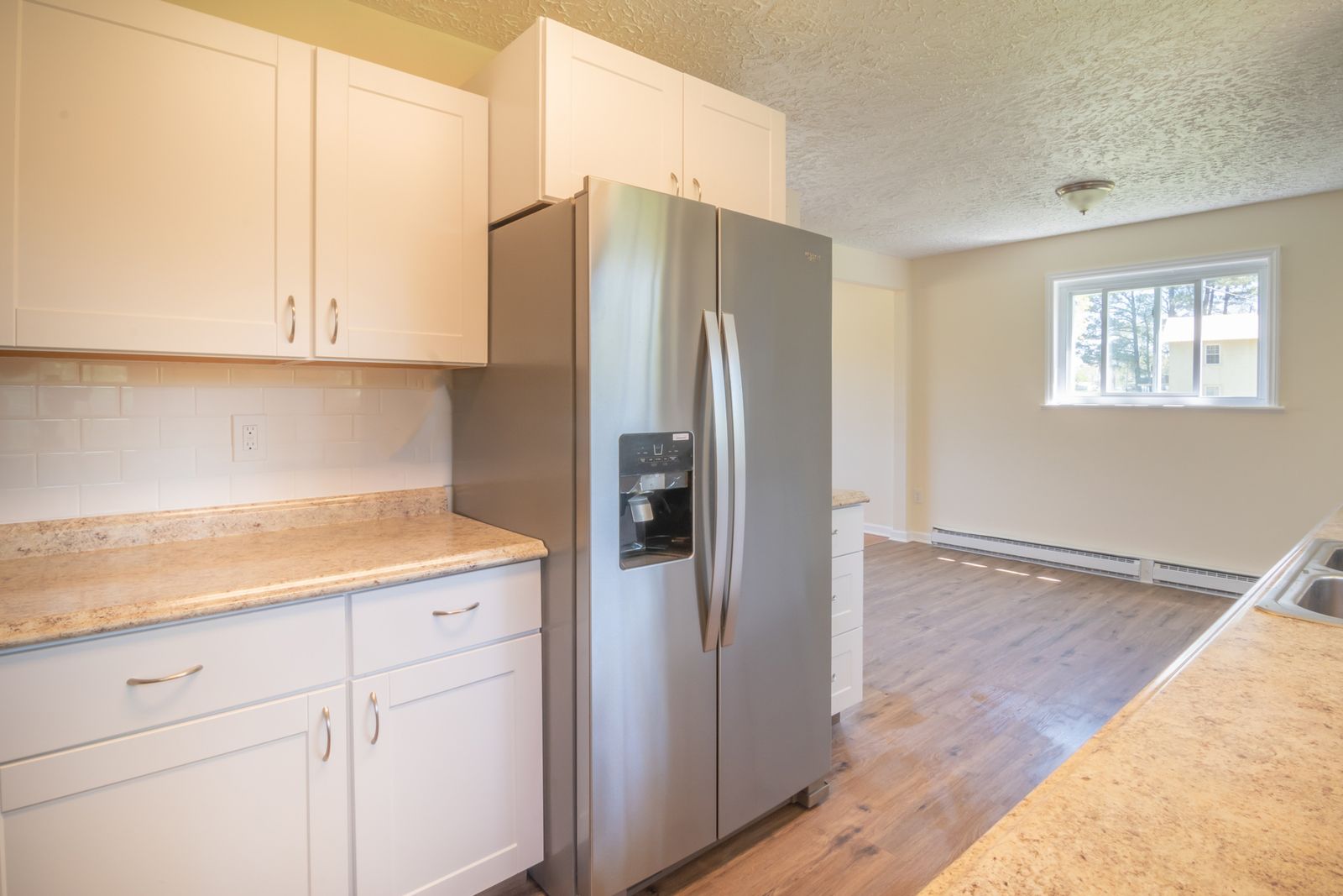 Stainless steel side-by-side refrigerator in a home kitchen